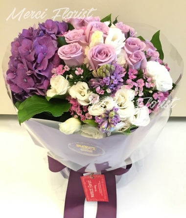 **KBQ13** Hydrangea, Hyacinthus & Rose - Round Bouquet - Purple<br>繡球,風信子 及 玫瑰 圓形花束 - 紫色