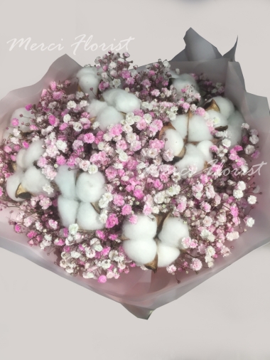 **KBQ96** Pink star flower and Cotton Round Bouquet<br>粉色星花 及 棉花 圓形花束 (可以做乾花)
